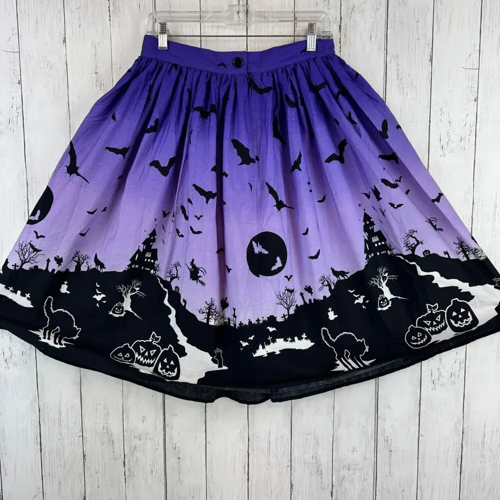 Hell Bunny Purple Halloween Goth The Haunt Graveyard Skirt Size Medium Cats